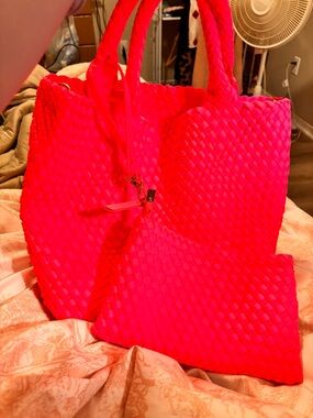 Bright Pink Woven Tote with Matching Pouch